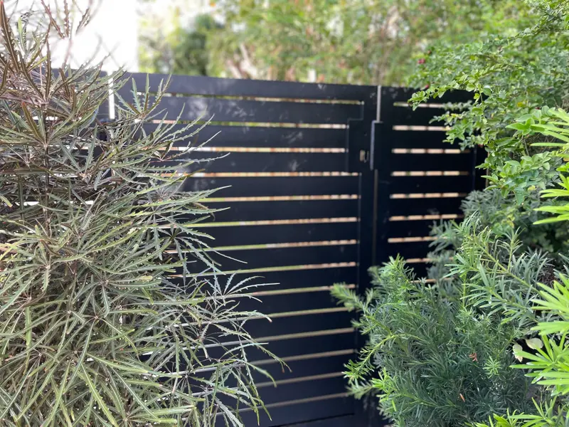Black aluminum horizontal-slat fence and matching gate framed by tropical landscaping