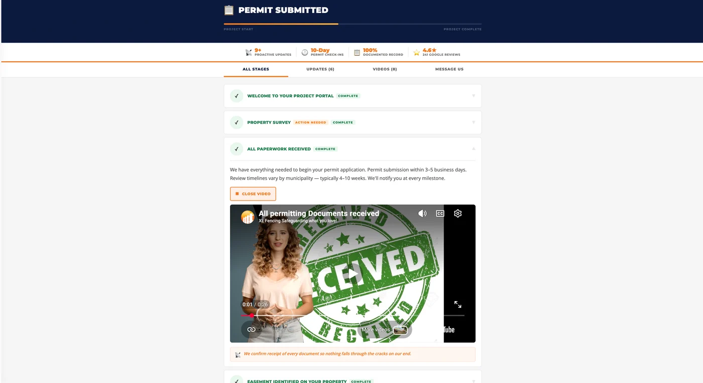 XL Fencing customer portal showing fence permit progress